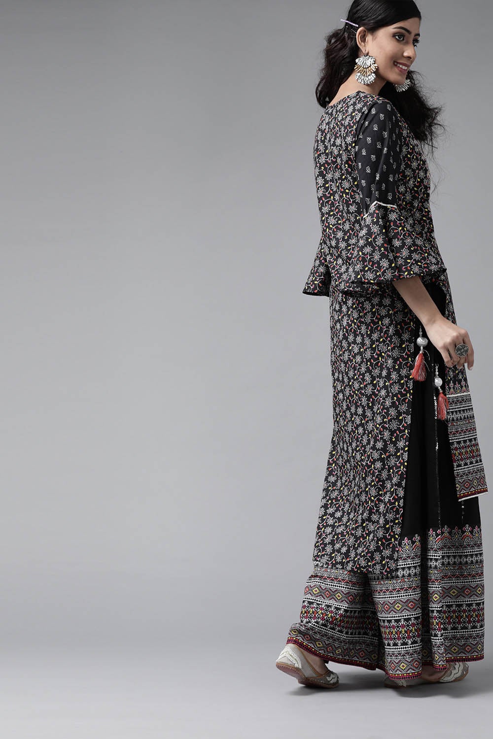 Juniper Women's Black Cambric Printed High-Low Kurta Sets