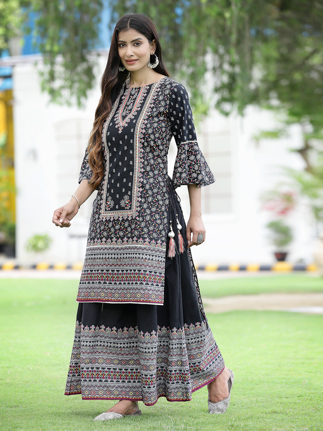 Juniper Womens Black Cambric Multicolor Placement Printed Kurta Palazzo Set