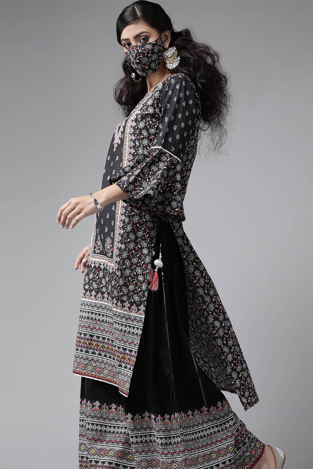 Juniper Women's Black Cambric Printed High-Low Kurta Sets