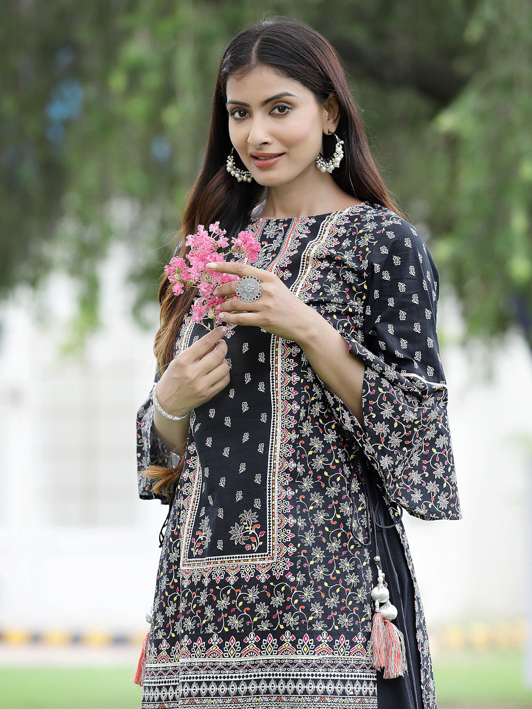 Juniper Womens Black Cambric Multicolor Placement Printed Kurta Palazzo Set