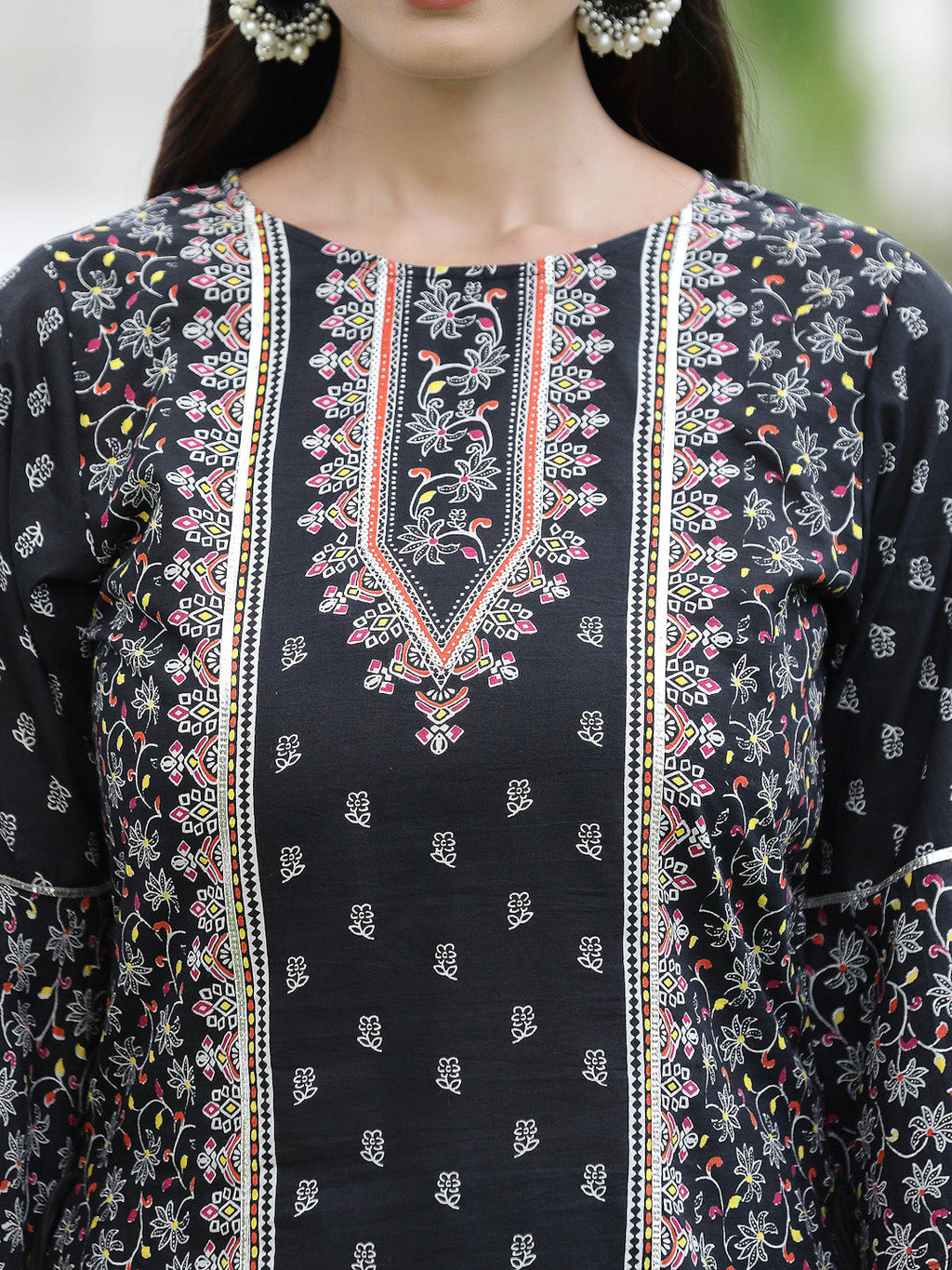Juniper Womens Black Cambric Multicolor Placement Printed Kurta Palazzo Set