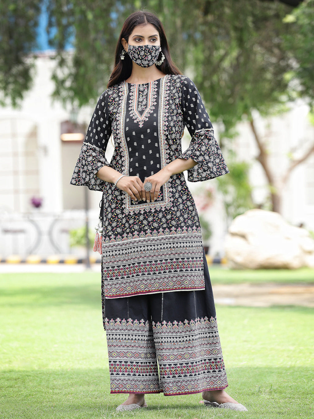 Juniper Womens Black Cambric Multicolor Placement Printed Kurta Palazzo Set