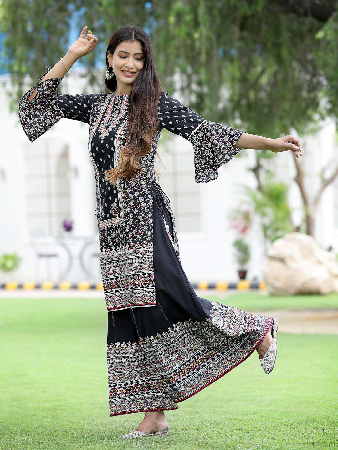 Juniper Womens Black Cambric Multicolor Placement Printed Kurta Palazzo Set