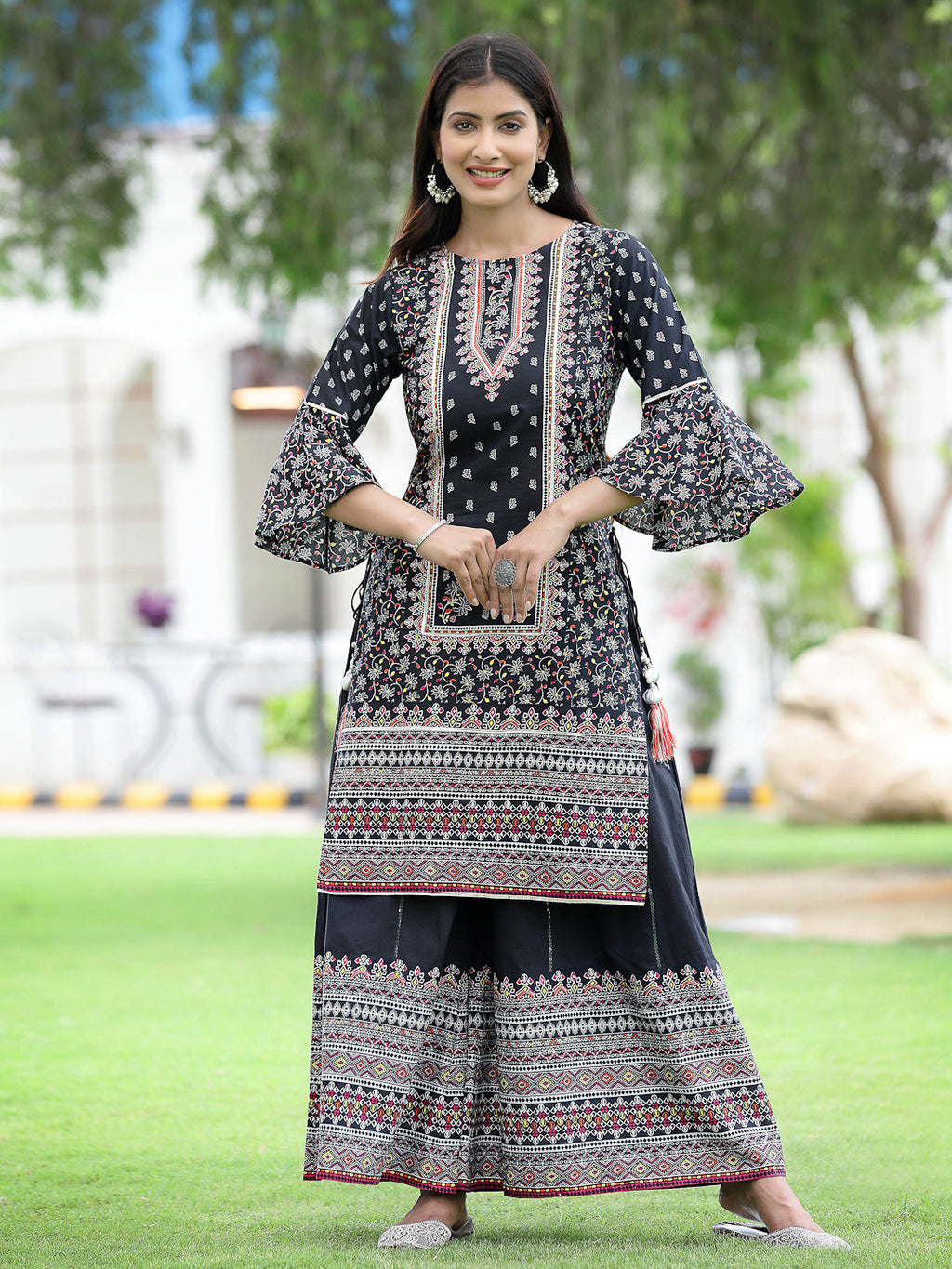 Juniper Womens Black Cambric Multicolor Placement Printed Kurta Palazzo Set