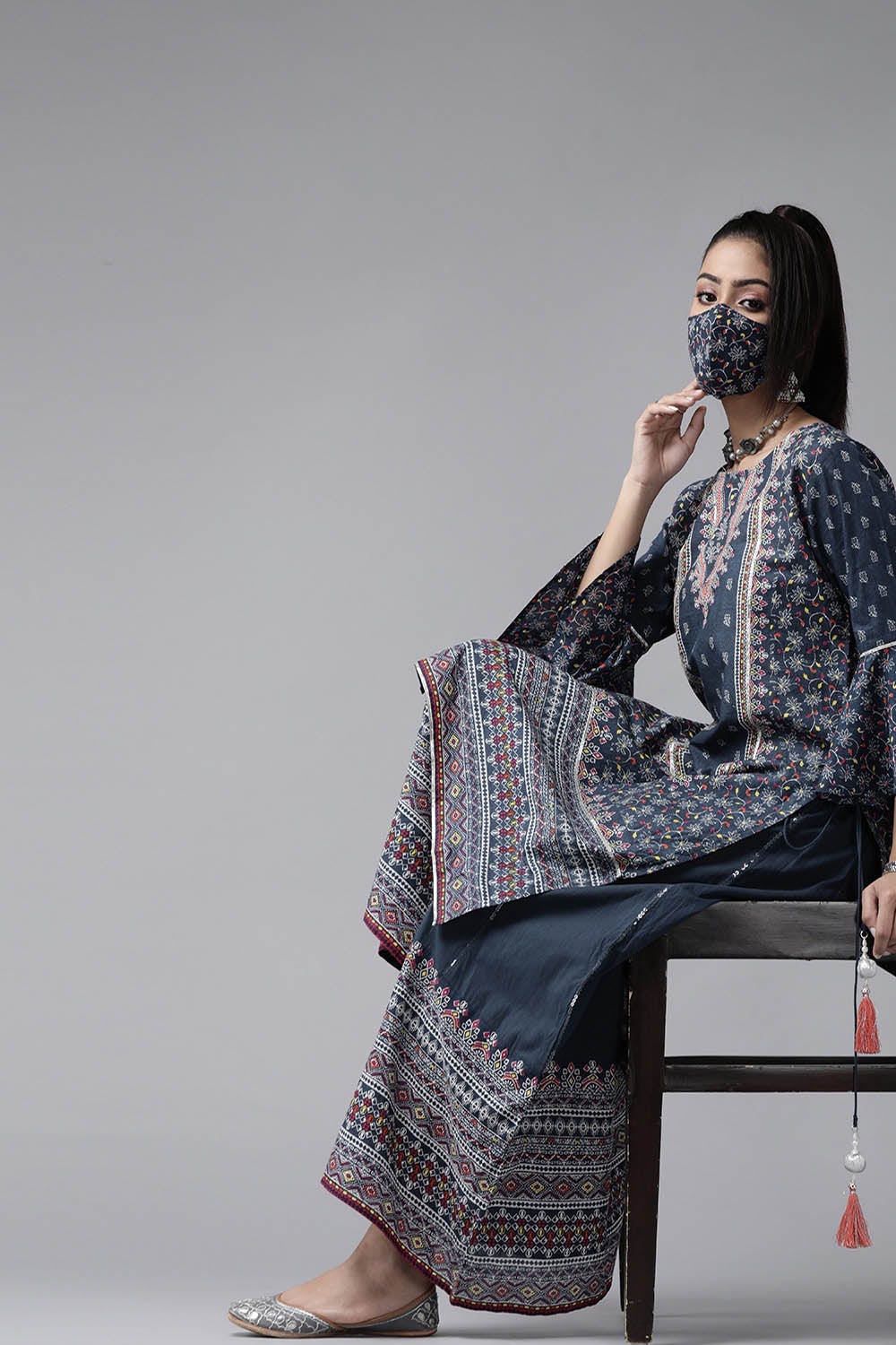 Juniper Women's Indigo Cambric Printed High-Low Kurta Sets