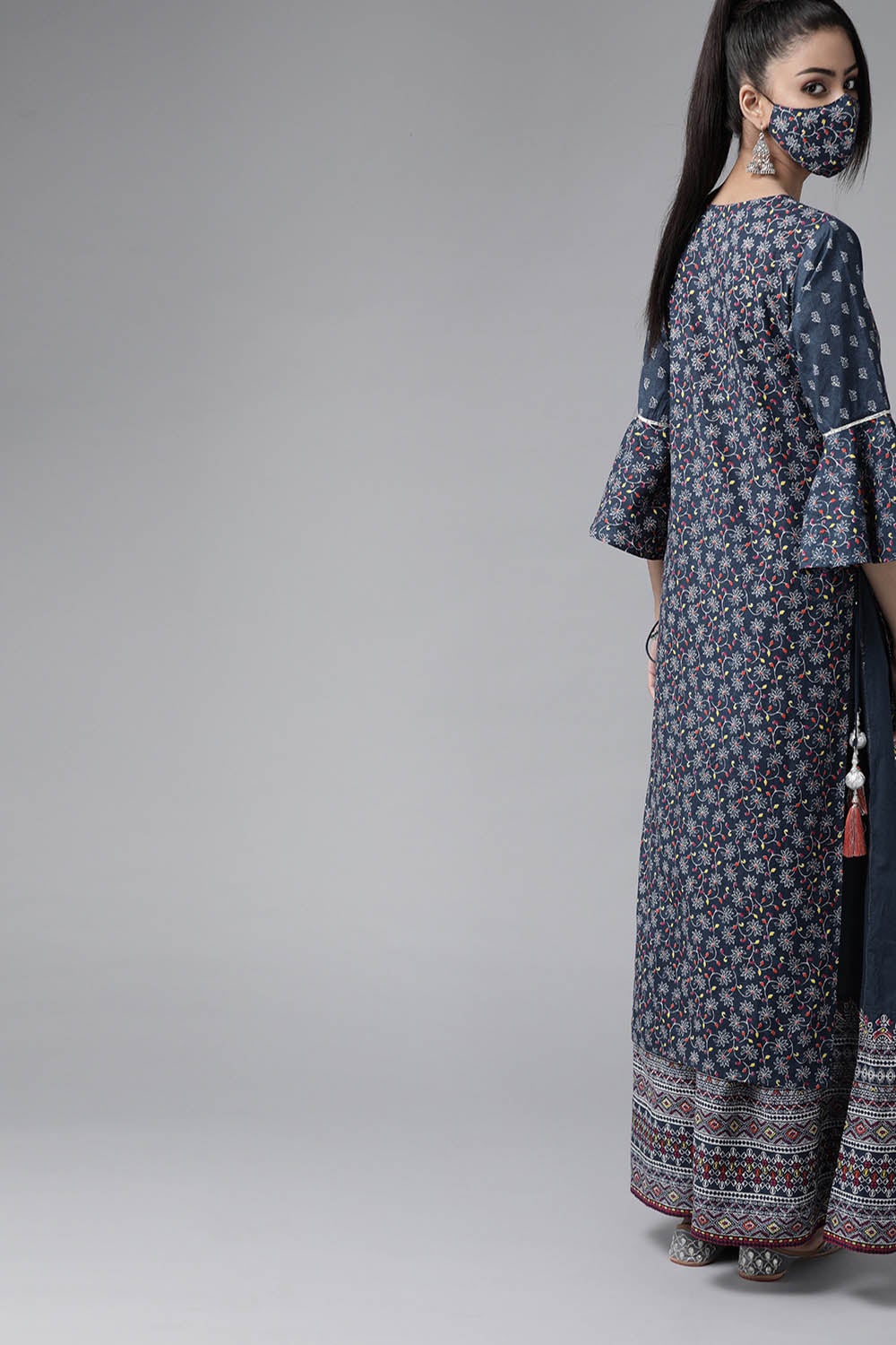 Juniper Women's Indigo Cambric Printed High-Low Kurta Sets