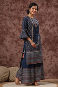 Juniper Womens Indigo Cambric Multicolor Placement Printed Kurta Palazzo Set