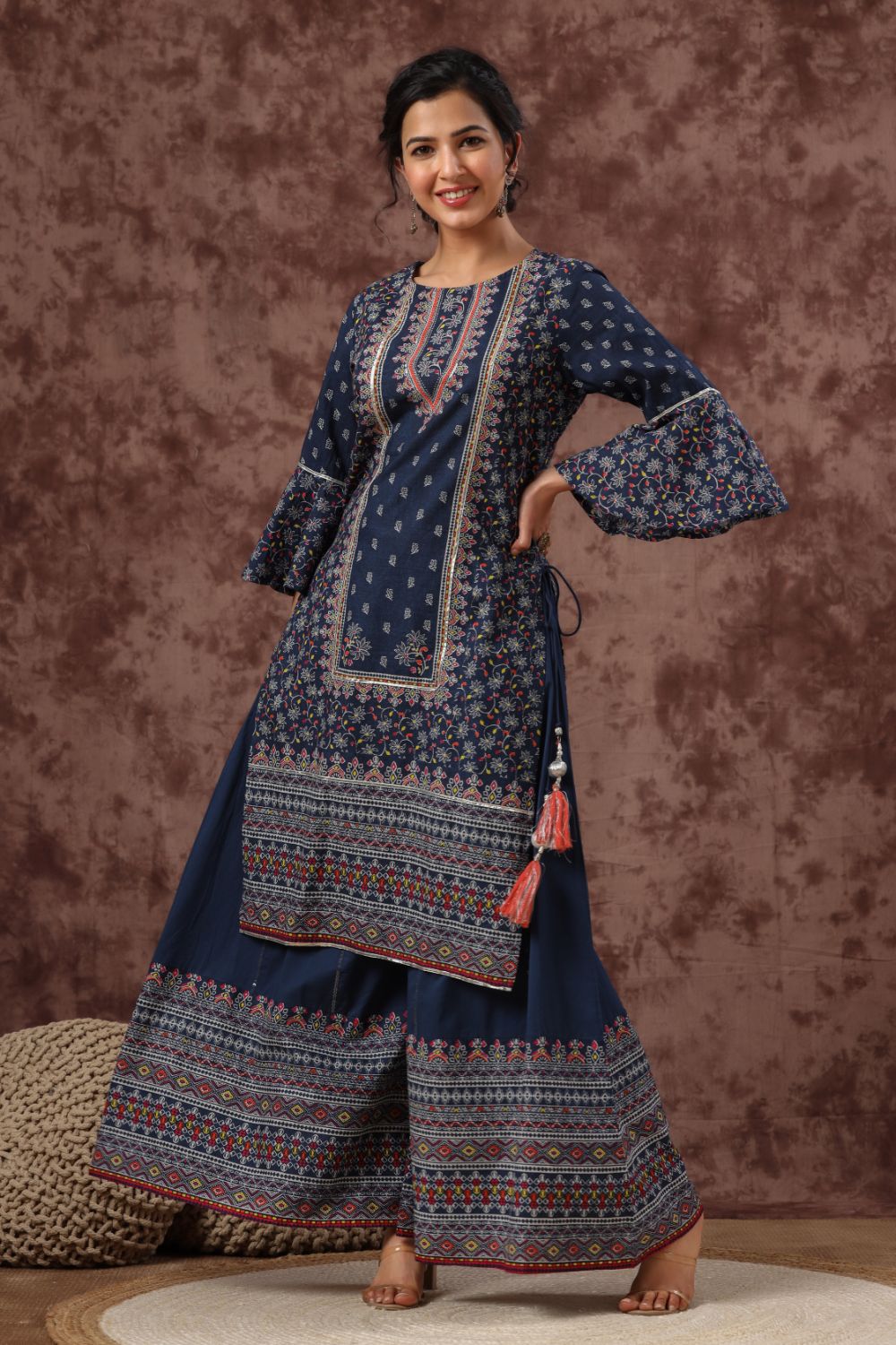 Juniper Womens Indigo Cambric Multicolor Placement Printed Kurta Palazzo Set
