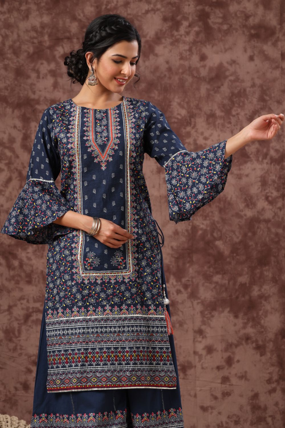 Juniper Womens Indigo Cambric Multicolor Placement Printed Kurta Palazzo Set