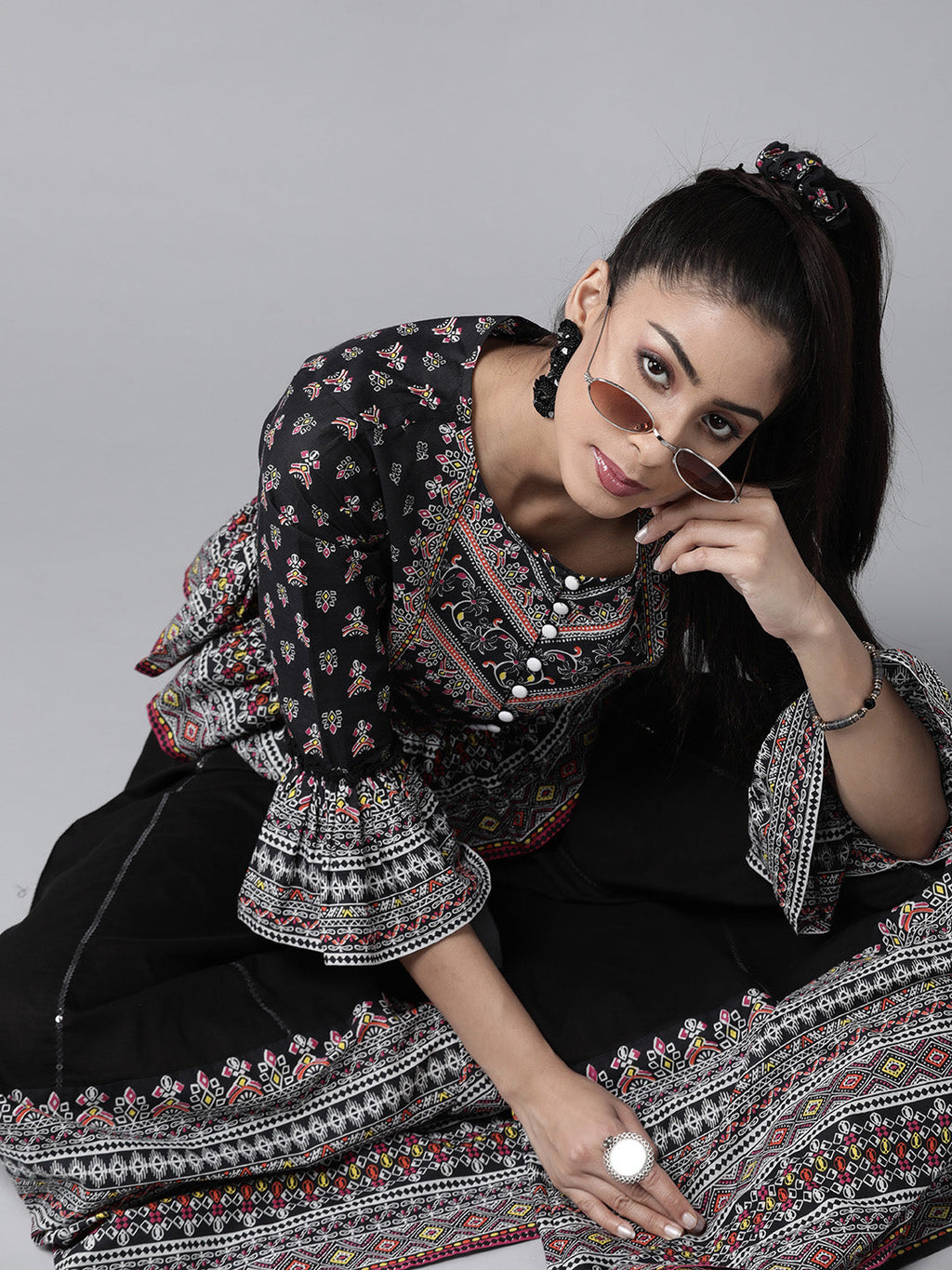 Juniper Womens Black Color Floral Printed Cambric Clothing Set