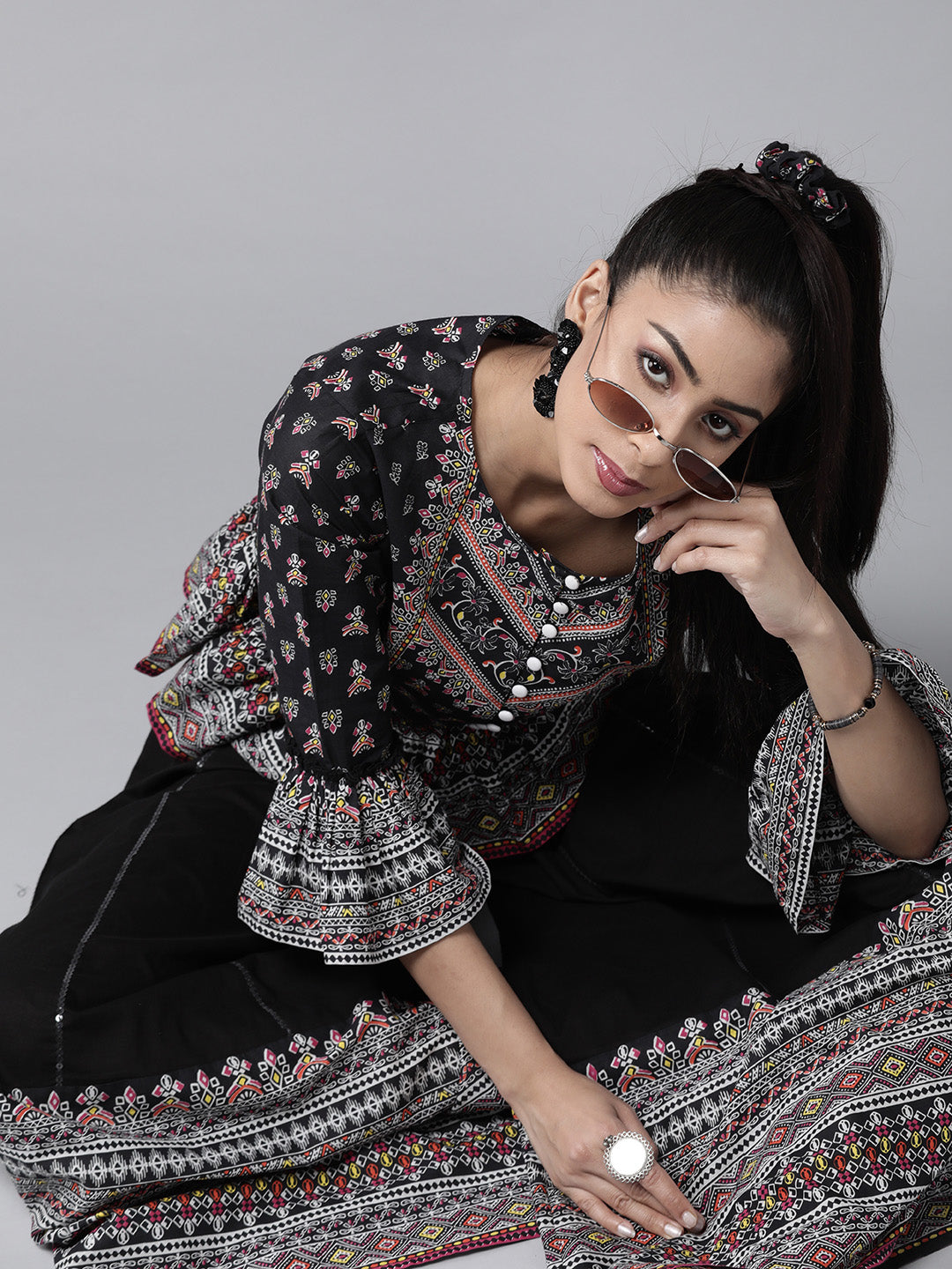 Juniper Womens Black Color Floral Printed Cambric Clothing Set