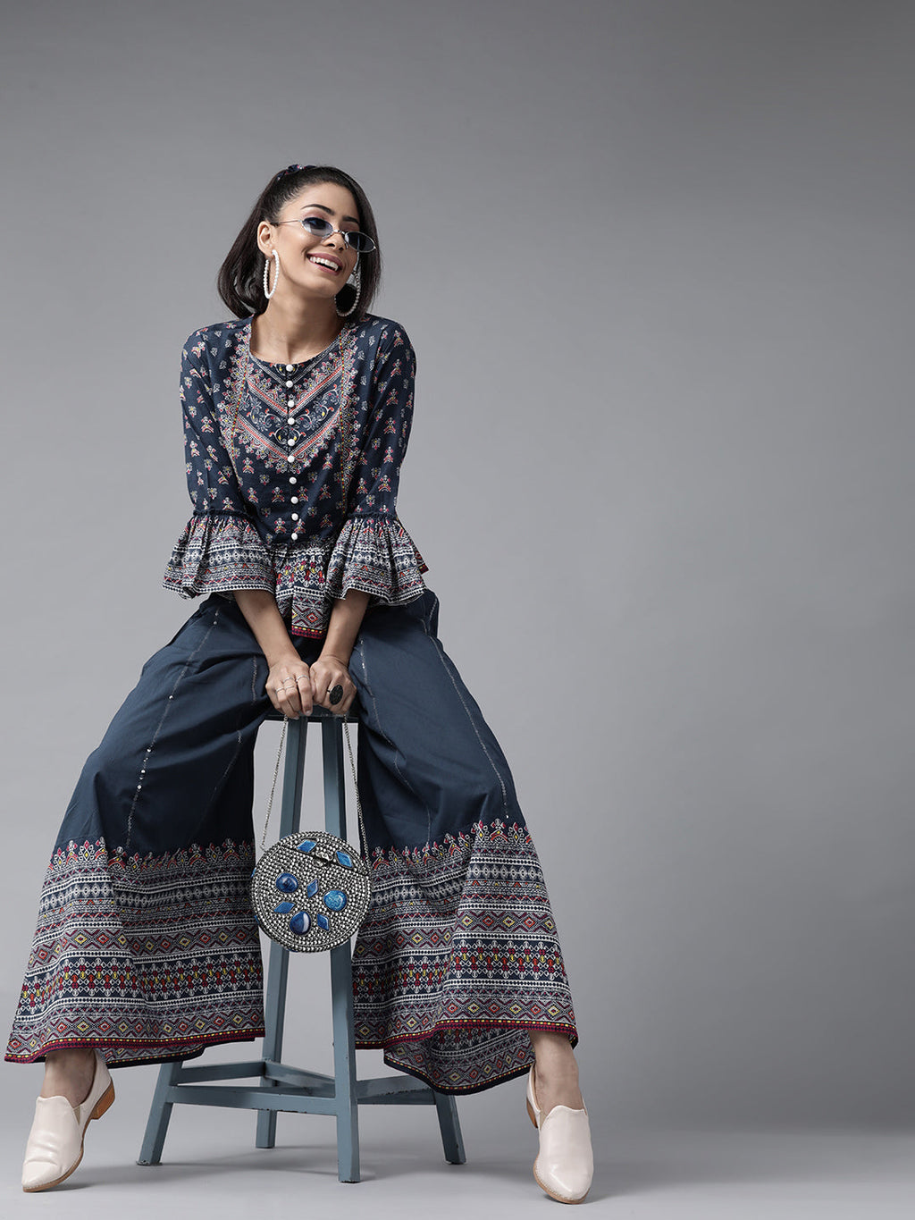 Juniper Womens Indigo Floral Printed Cambric Clothing Set