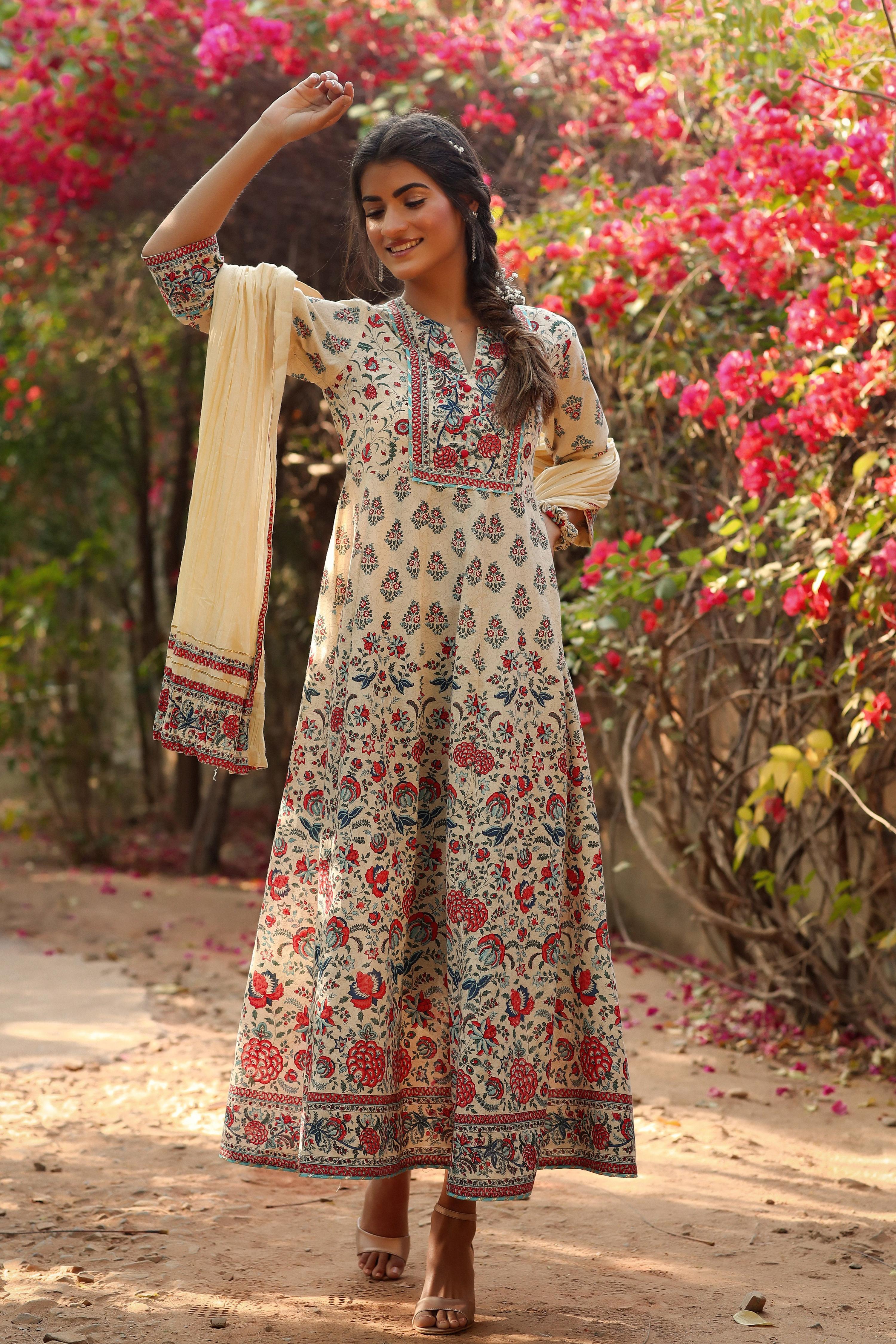 Juniper Women Beige Cambric Printed Flared Dress