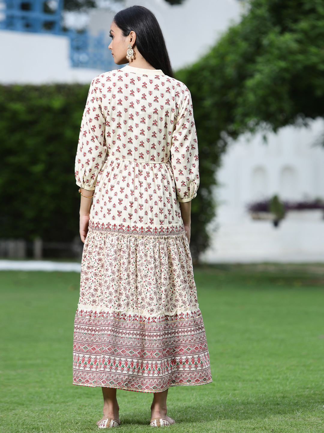 Juniper Women Cream Cambric Printed Tiered Dress