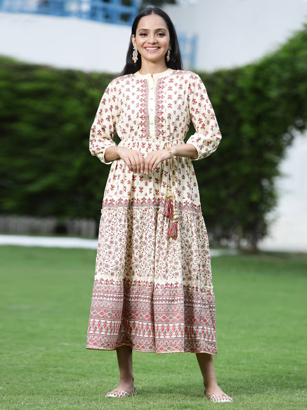 Juniper Women Cream Cambric Printed Tiered Dress