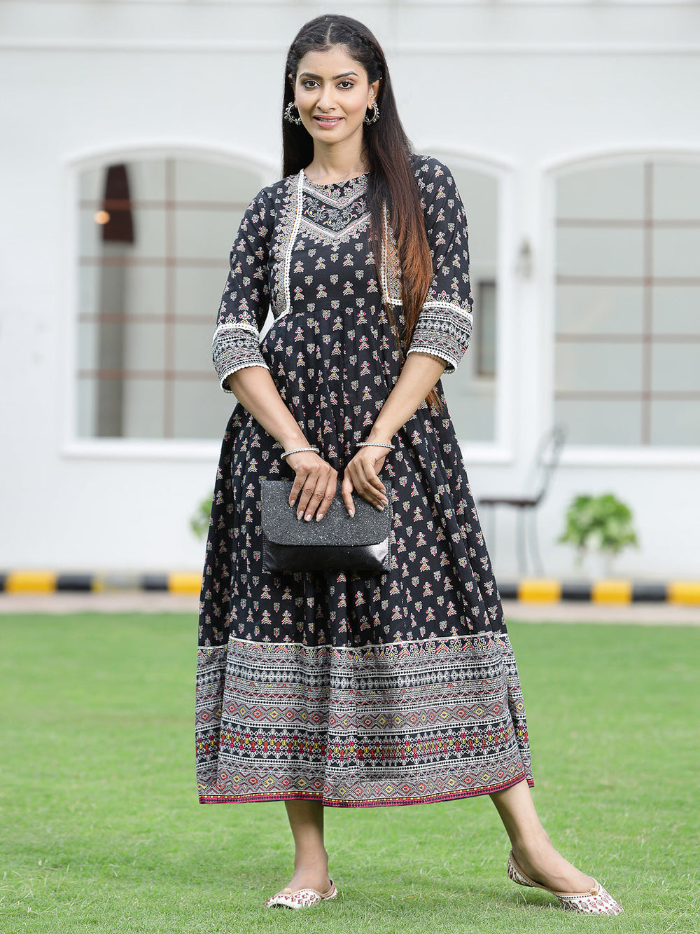 Juniper Women's Black Cambric Printed Anarkali Dress