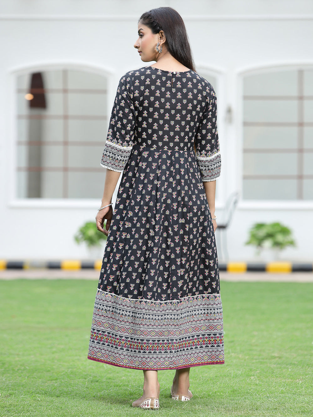 Juniper Women's Black Cambric Printed Anarkali Dress