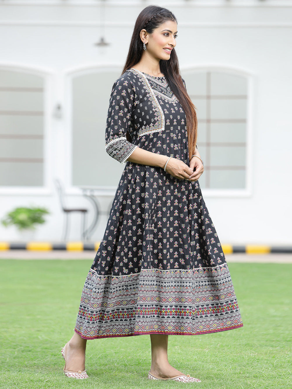 Juniper Women's Black Cambric Printed Anarkali Dress