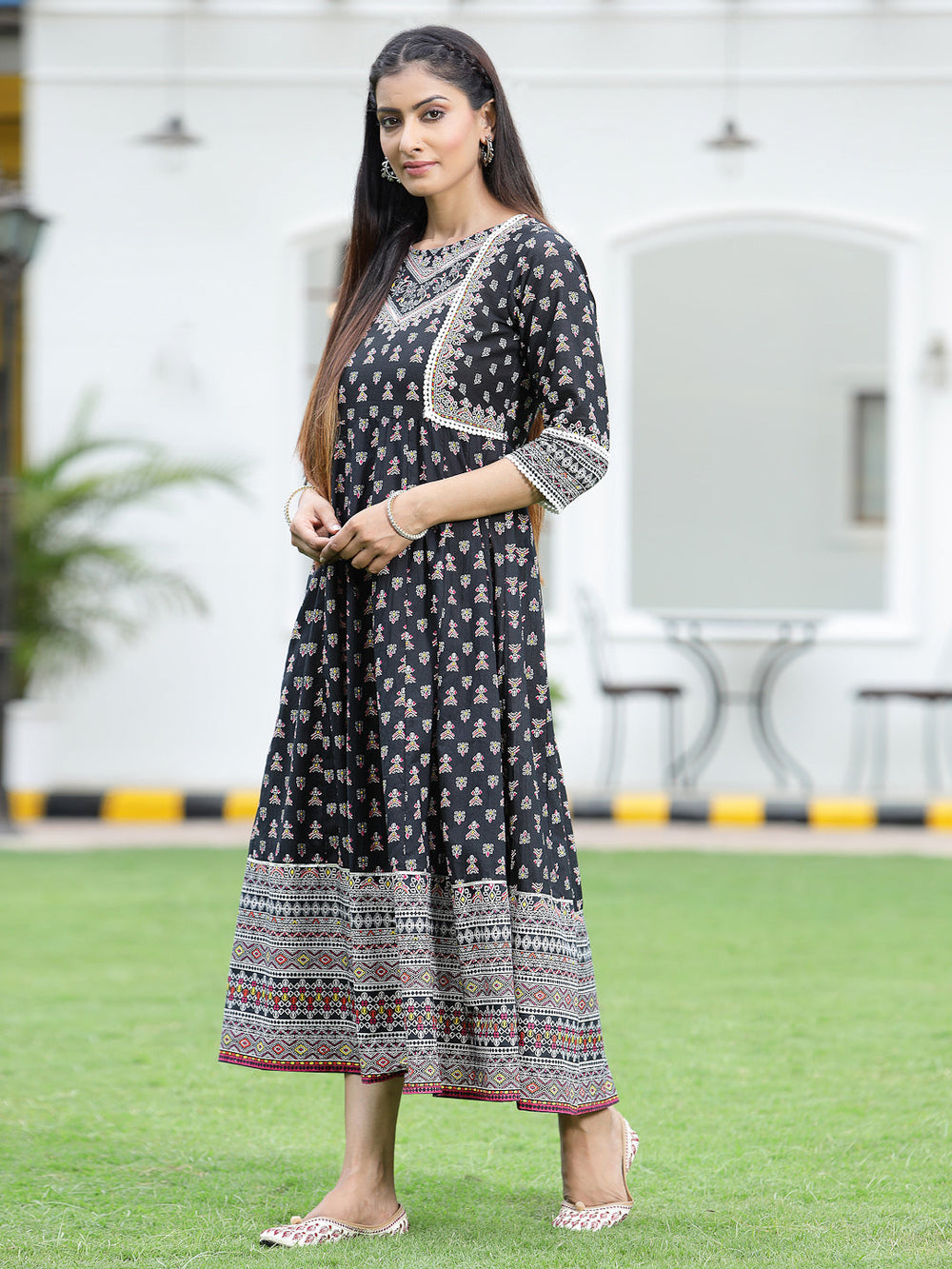 Juniper Women's Black Cambric Printed Anarkali Dress