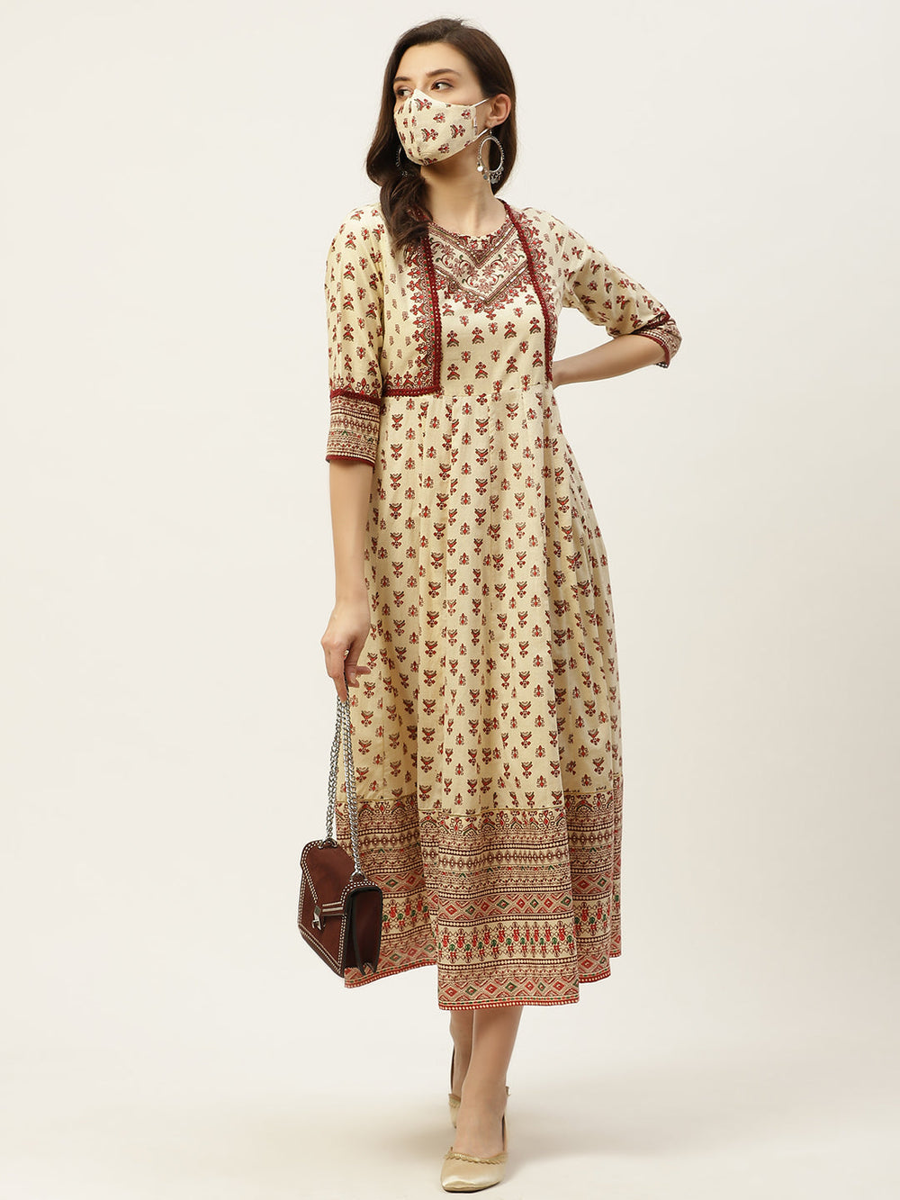 Juniper Women's Cream Cambric Printed Anarkali Dress