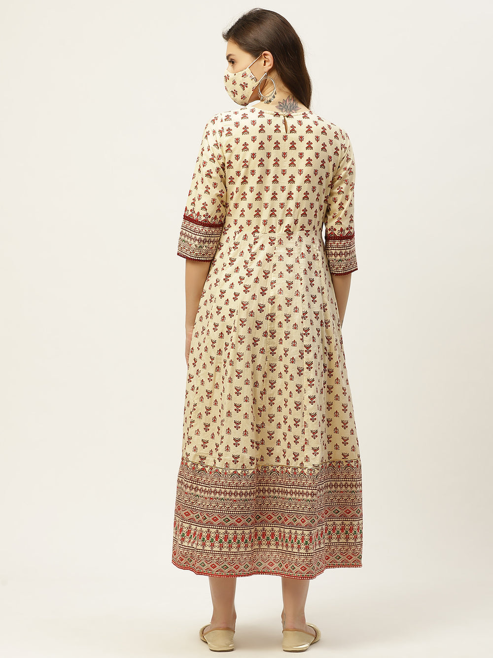 Juniper Women's Cream Cambric Printed Anarkali Dress