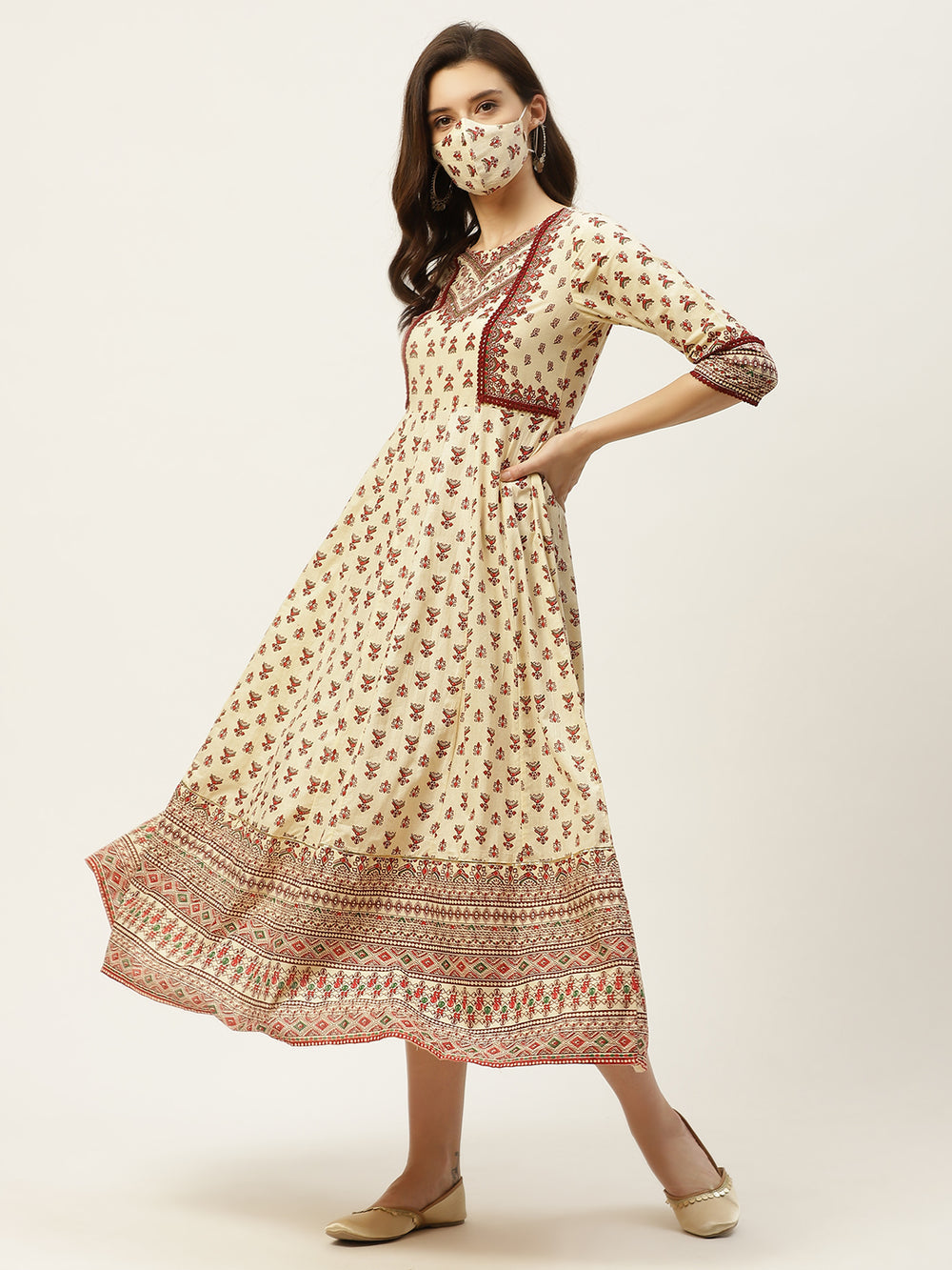 Juniper Women's Cream Cambric Printed Anarkali Dress