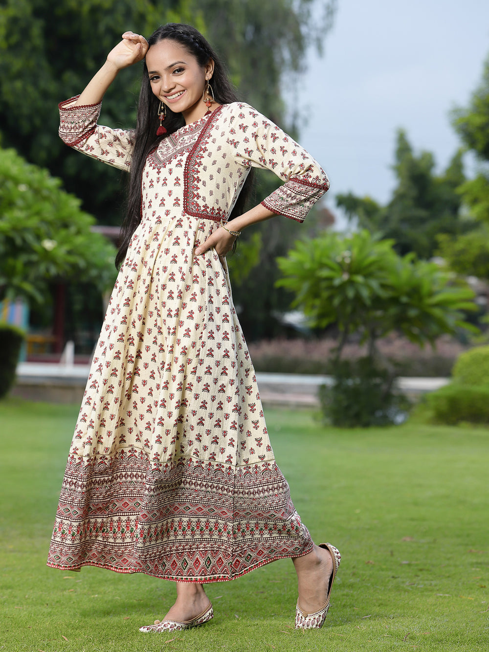 Juniper Women's Cream Cambric Printed Anarkali Dress