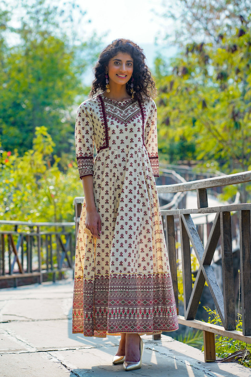 Juniper Women's Cream Cambric Printed Anarkali Dress