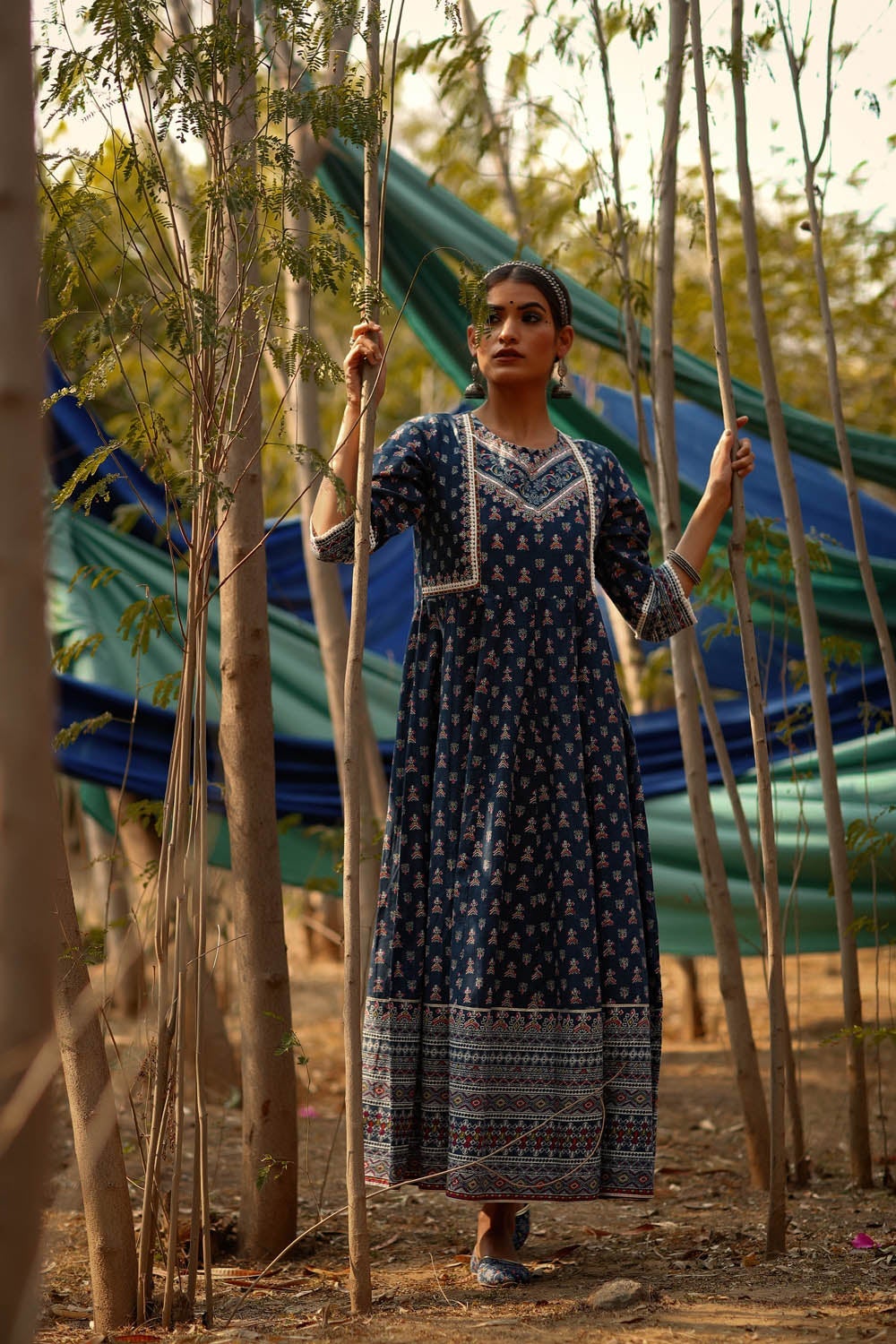 Juniper Women's Indigo Cambric Printed Anarkali Dress