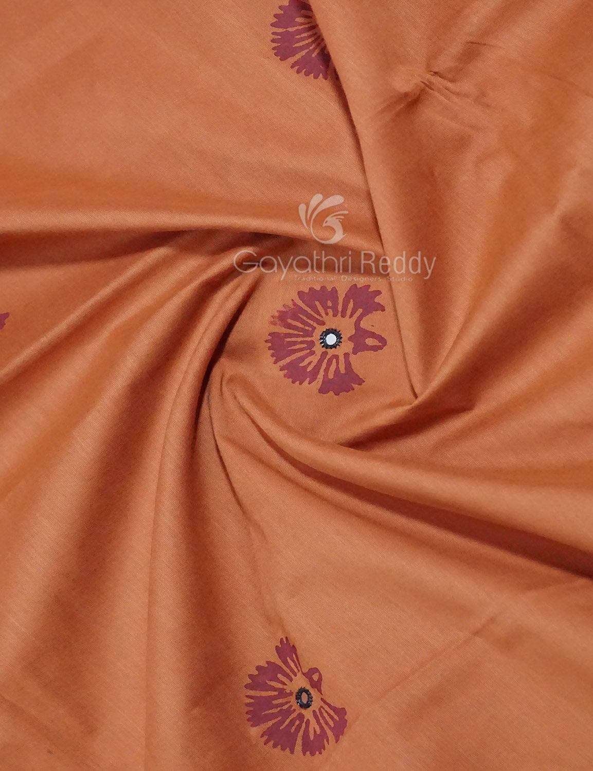 Dark Mustard Colour Block Print With Mirron Embroidered Pure Mulmul Cotton Saree By Gayathri Reddy Designer Studio