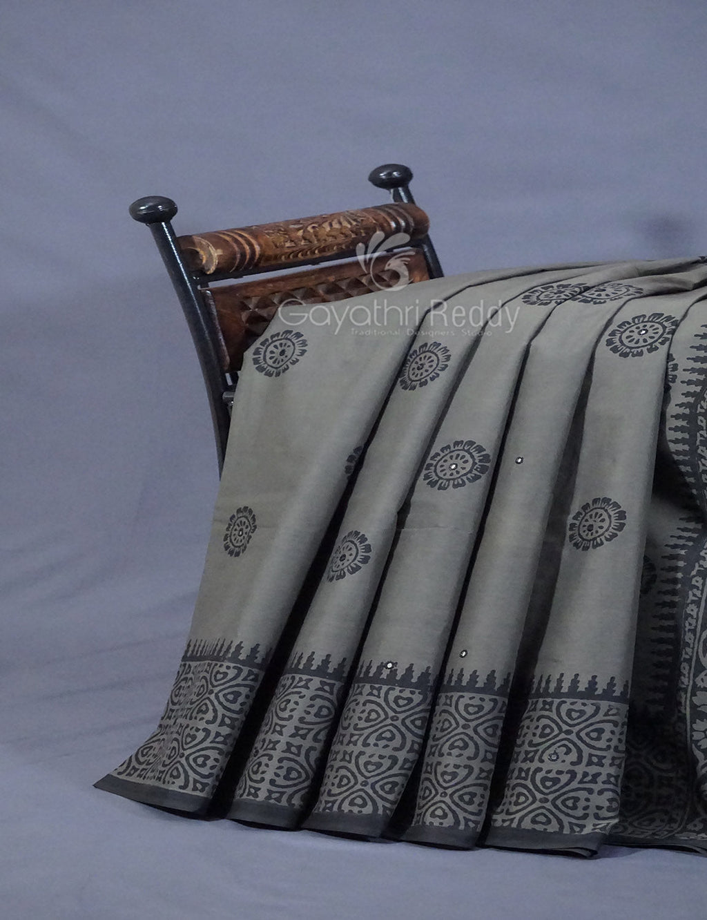 Grey Colour Block Print With Mirron Embroidered Pure Mulmul Cotton Saree By Gayathri Reddy Designer Studio