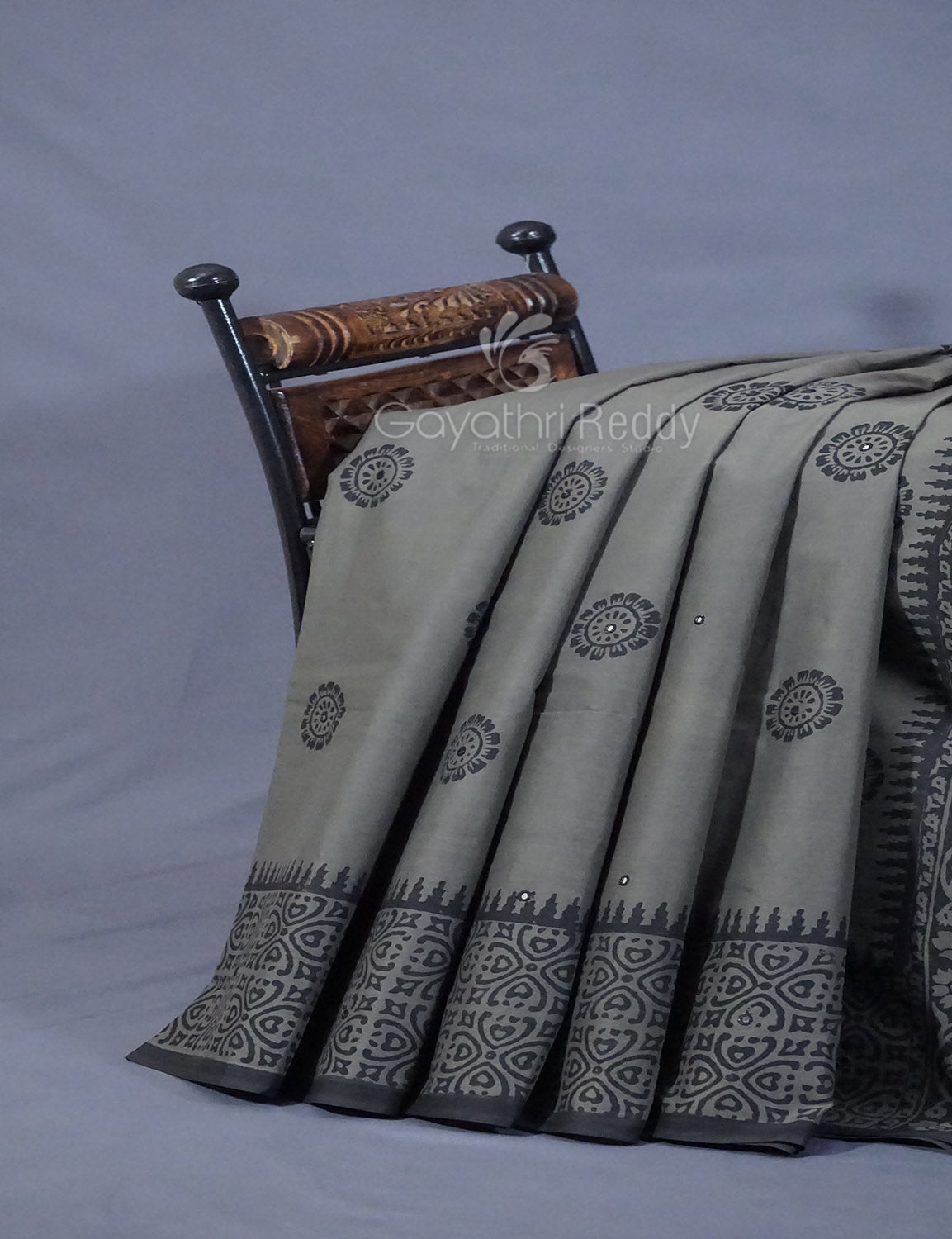 Grey Colour Block Print With Mirron Embroidered Pure Mulmul Cotton Saree By Gayathri Reddy Designer Studio