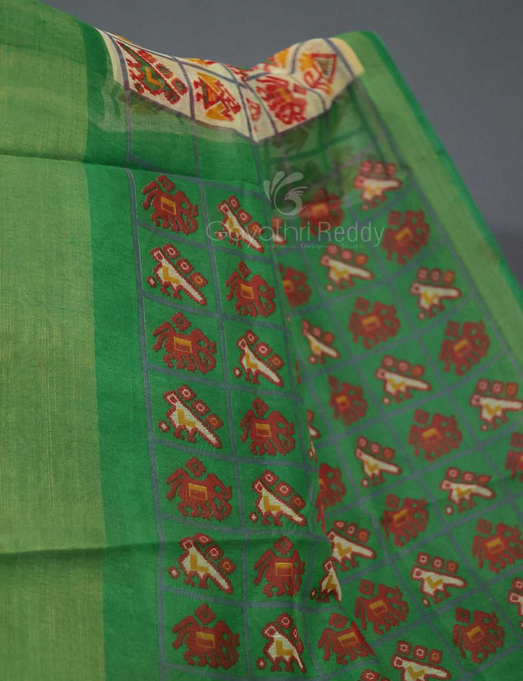 Shades of Lime Green And Mango Green Blouse Patola Print Semi Chanderi Saree By Gayathri Reddy Designer Studio