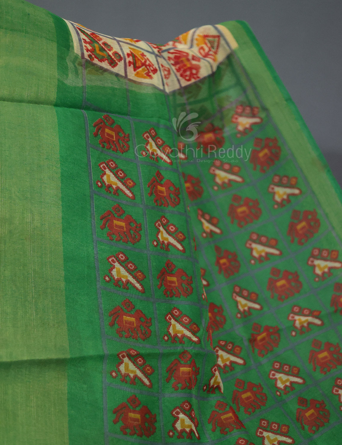 Shades of Lime Green And Mango Green Blouse Patola Print Semi Chanderi Saree By Gayathri Reddy Designer Studio