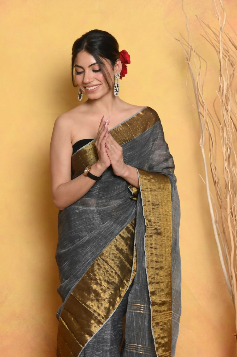 Very Much Indian Handloom Pure Cotton Linen Saree With Golden Border - Grey Gold