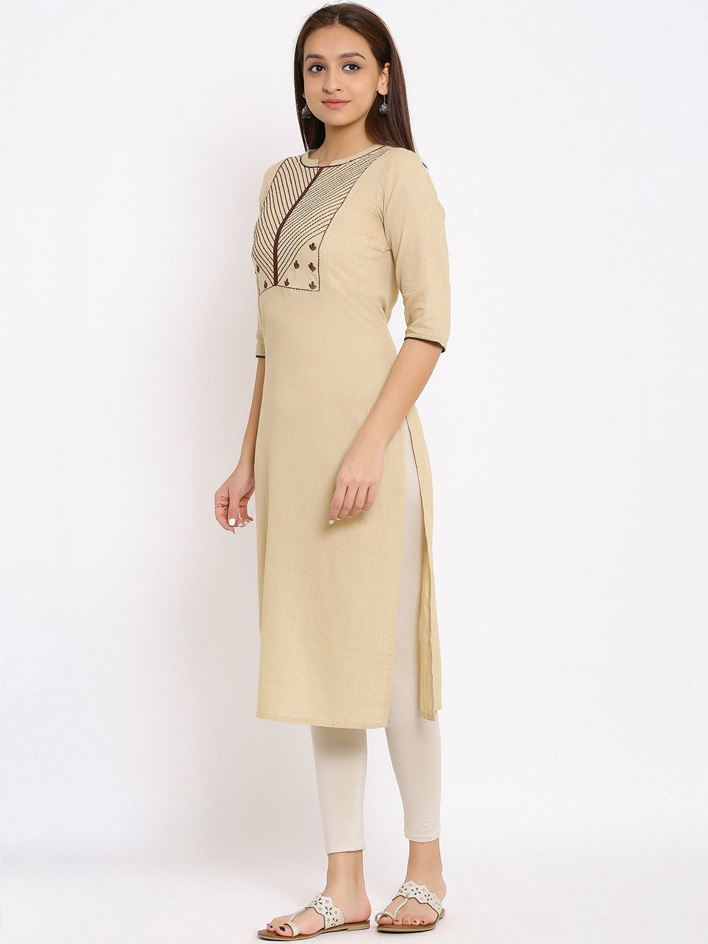 HERE&NOW Beige Geometric Yoke Design Thread Work Kurta