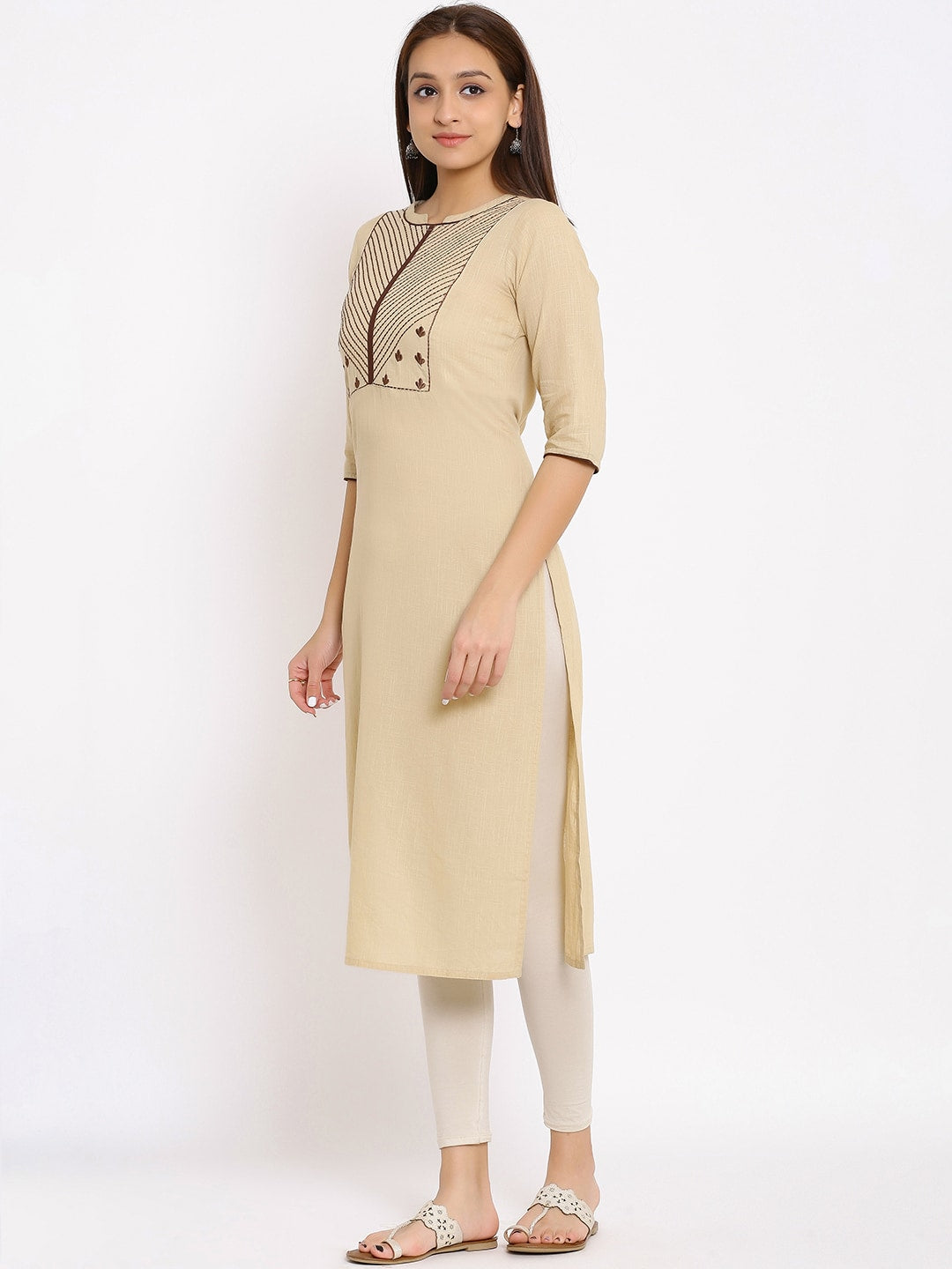 HERE&NOW Beige Geometric Yoke Design Thread Work Kurta