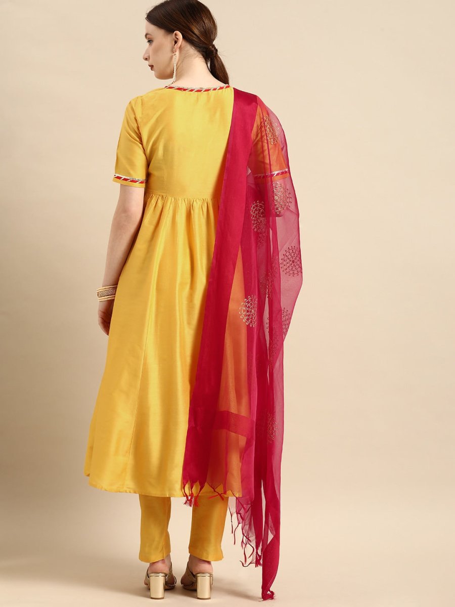 All About You Women Yellow & Red Gotta Patti Kurta with Trousers & With Dupatta
