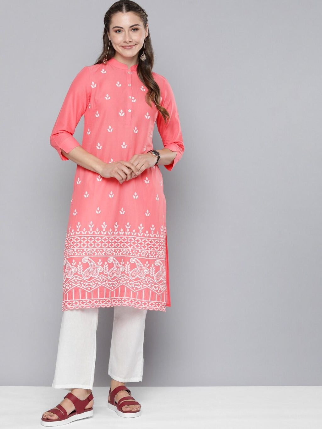 HERE&NOW Women Pure Cotton Ethnic Motifs Embroidered Thread Work Pastels Kurta