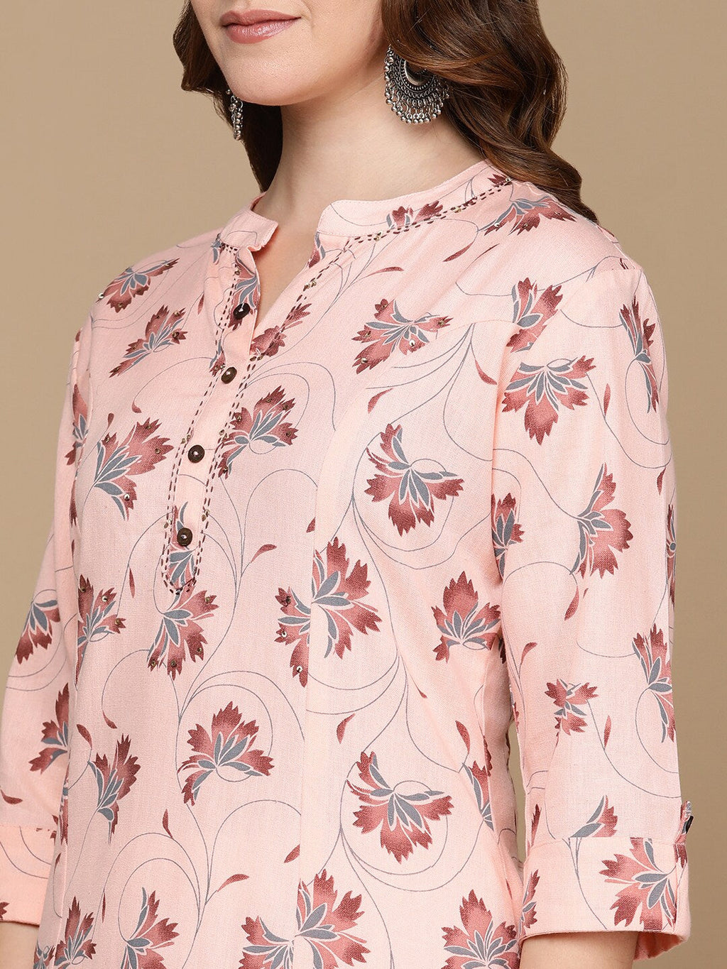 HERE&NOW Pink & Maroon Floral Printed Pure Cotton Kurta