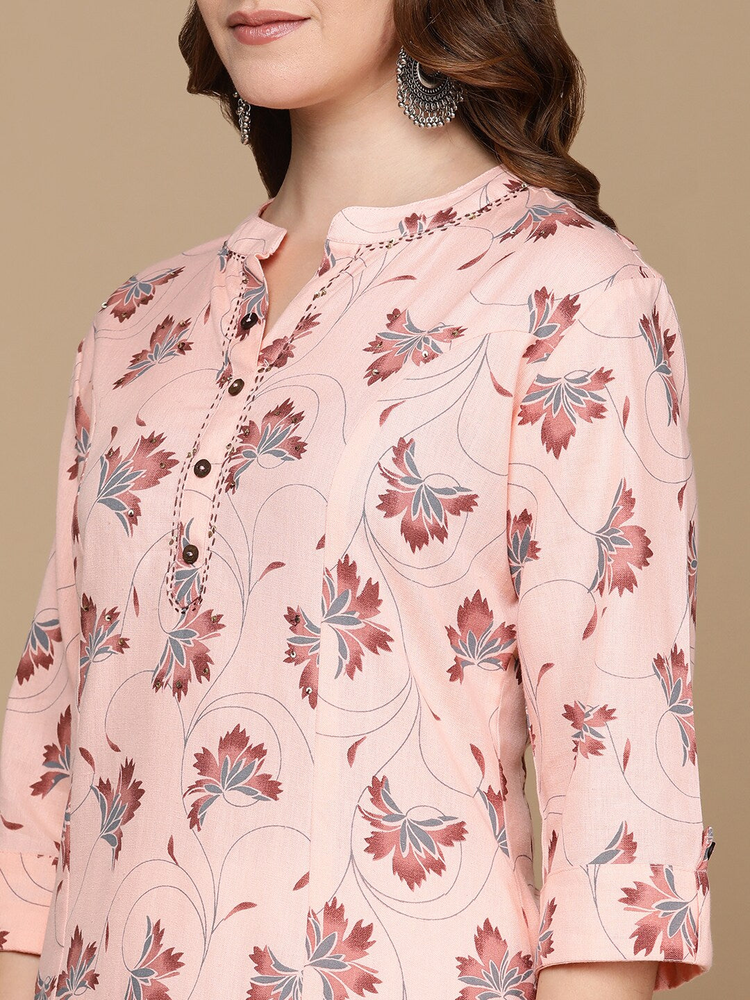 HERE&NOW Pink & Maroon Floral Printed Pure Cotton Kurta