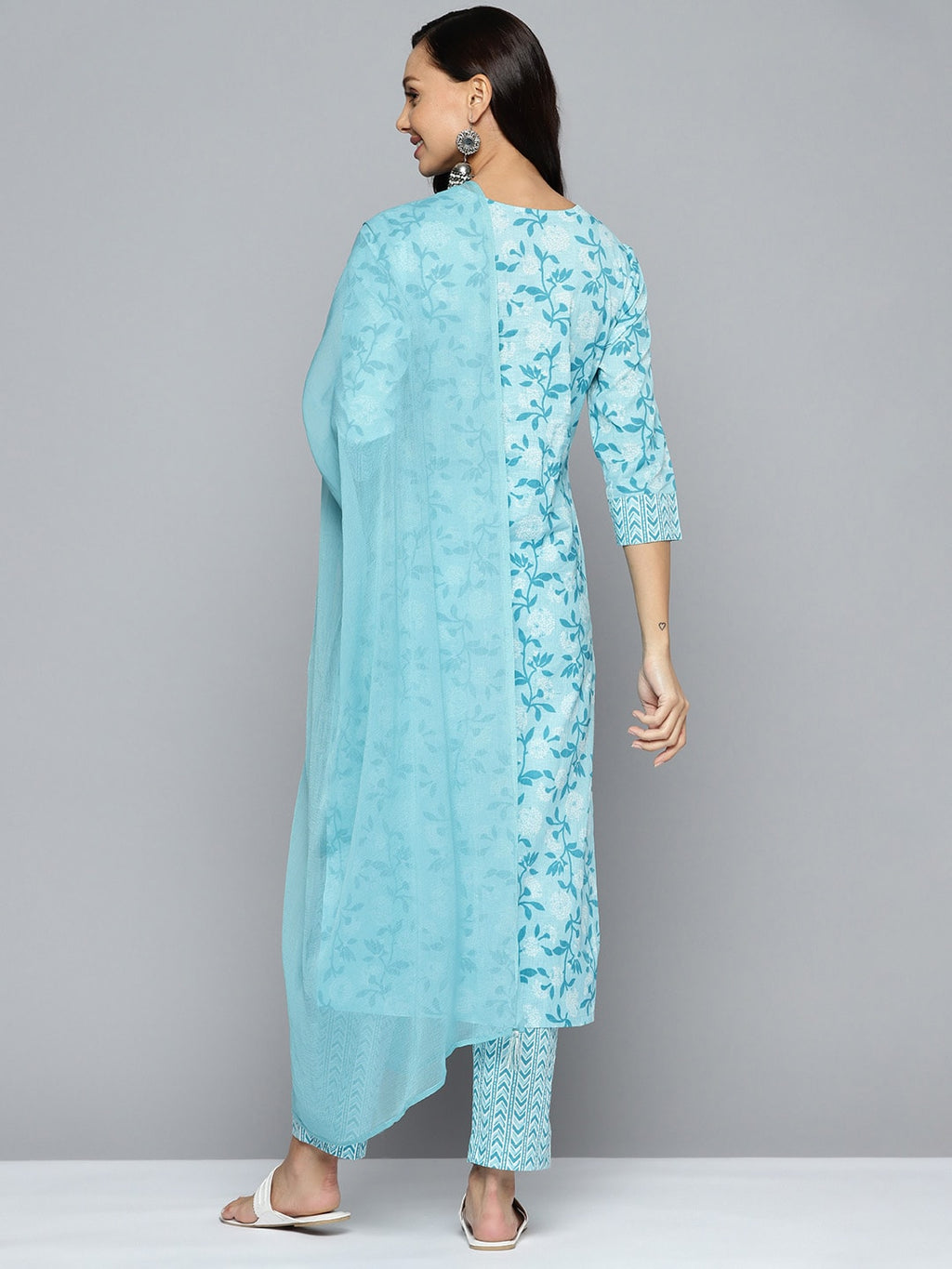 HERE&NOW Women Blue Floral Printed Regular Pure Cotton Kurta with Trousers & With Dupatta
