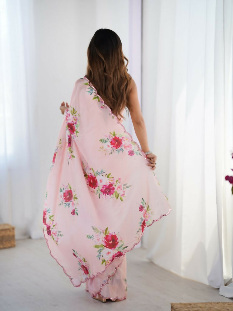 Pink Chinon Designer Digital Printed,Mirror Cut Work Saree - Manvika