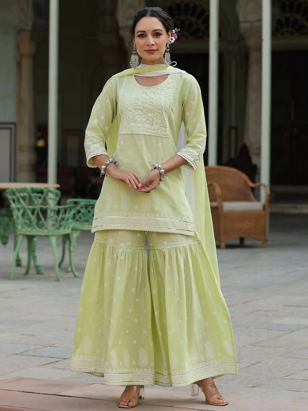 Juniper Women's Lime Green Cambric Floral Print Kurta Sharara Sets
