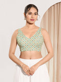 Joban Fashion Pista Green Jacquard Padded Blouse With V Neck Sleeveless