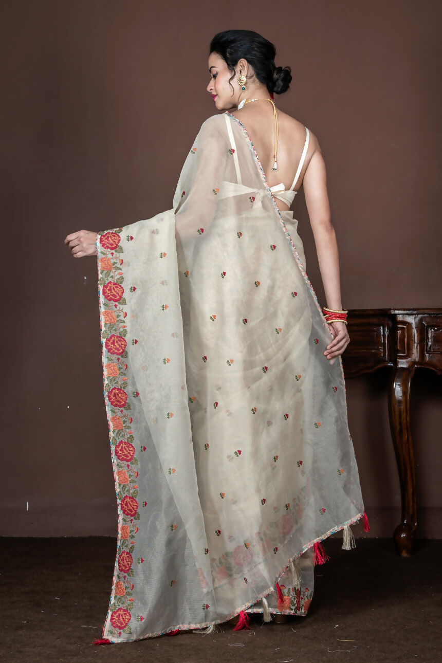 Morchari Beige Supernet Cross Embroidery Saree Unstitched Blouse
