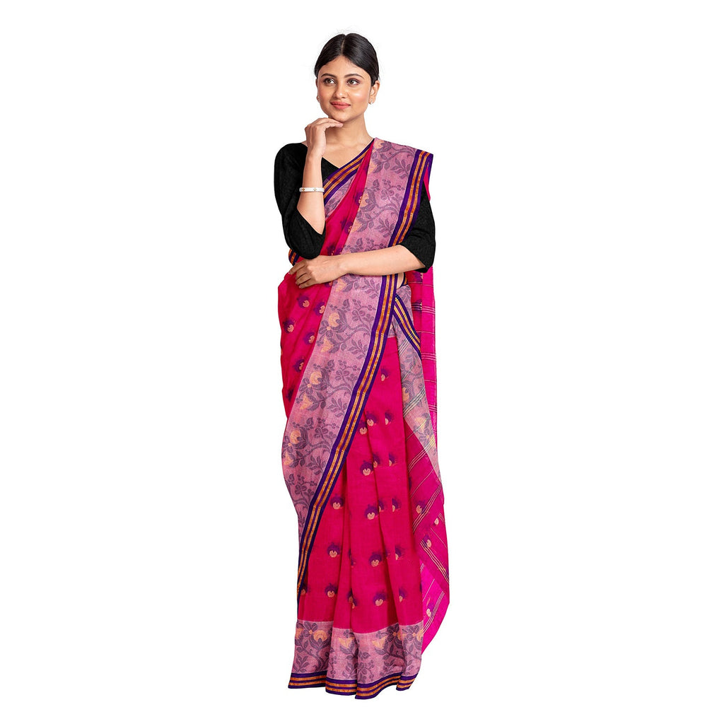 Exclusive Collection 100% Pure Cotton Pink Tant Saree With Hand Weaving Work