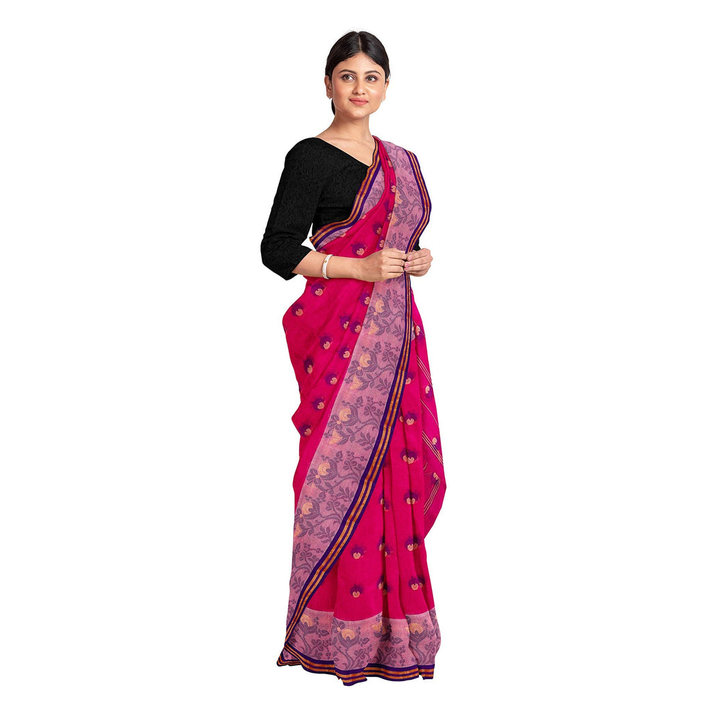 Exclusive Collection 100% Pure Cotton Pink Tant Saree With Hand Weaving Work