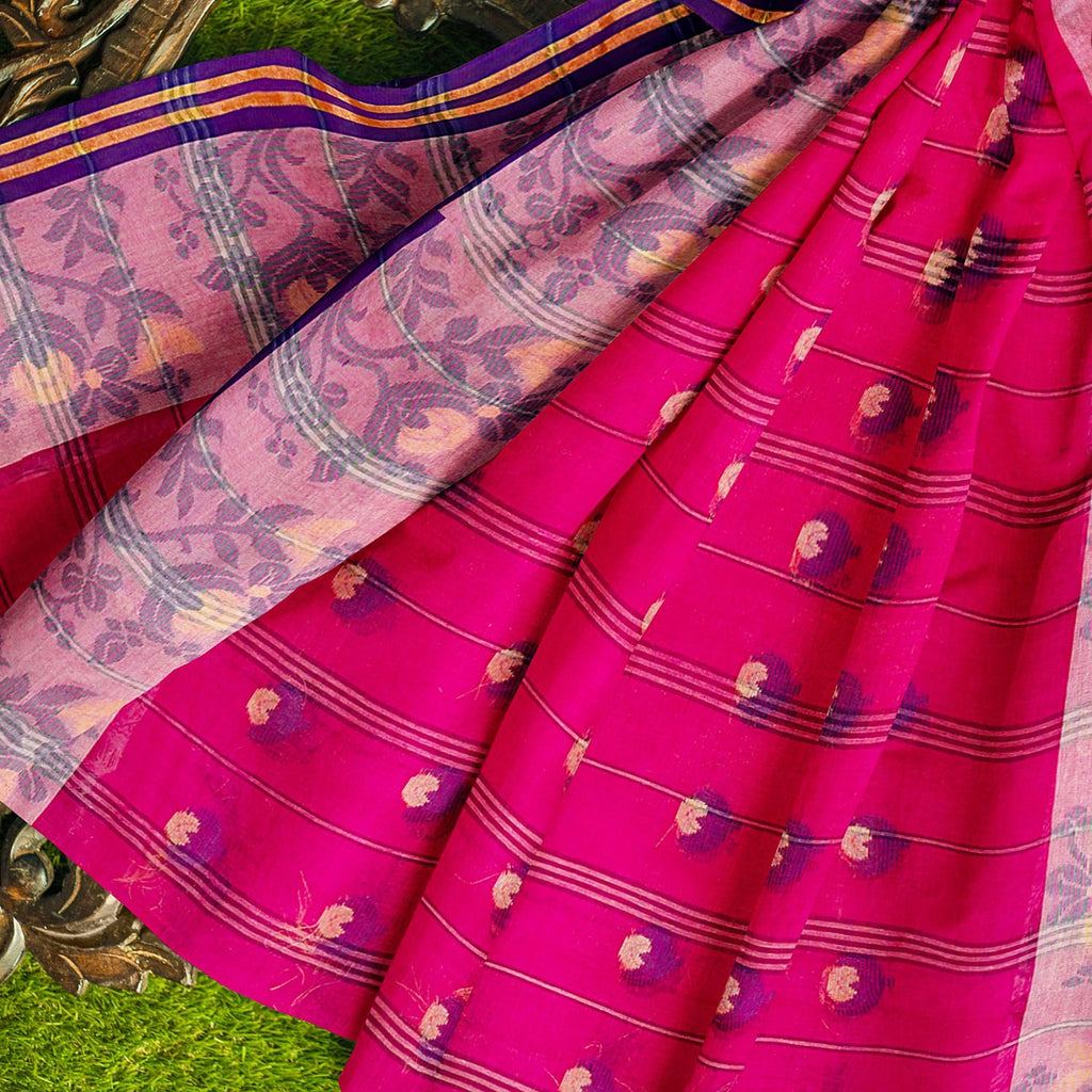 Exclusive Collection 100% Pure Cotton Pink Tant Saree With Hand Weaving Work