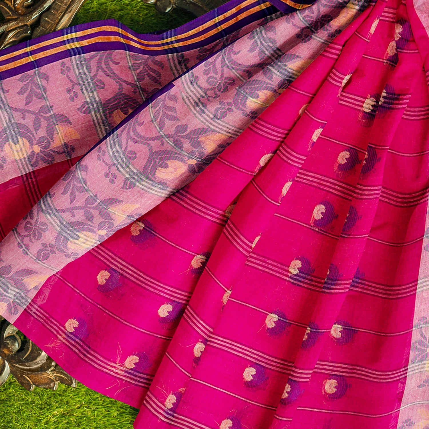 Exclusive Collection 100% Pure Cotton Pink Tant Saree With Hand Weaving Work